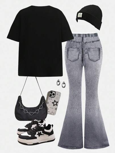 SHEIN Leap Crew مجموعة تي شيرت كم قصير وبنطلون واسع مطبوع بوجوه وقلوب للبنات المراهقات ، ملابس كاجوال مناسبة للارتداء الصيفي، المنزل، النزهات، التصوير في الشارع، الكلية