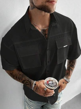 قميص بيضاء عملي بطراز قديم للرجال، مع جيوب ثلاثية الأبعاد، أكمام قصيرة وياقة فضفاضة، مناسب للعطلات والأنشطة الخارجية والاستخدام اليومي، هدية عيد الأب