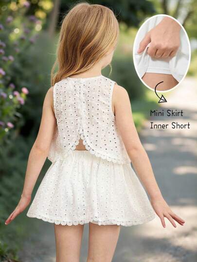 Emery Rose Kids Emery Rose Kids مجموعة ملابس علوية وتنورة قصيرة قطعتين للفتيات، بتطريز منسوج ولون أحادي، بياقة دائرية وهامش دانتيل غير متماثل، كاجوال وأنيق وحلو وعتيق وأنيق. طقم متطابق للأم والابنة والأخوات، مناسب للعطلات والأعياد والمناسبات المدرسية اليو