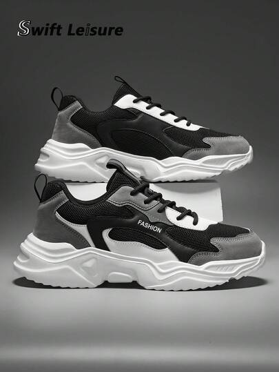 أحذية رياضية/للركض مريحة للرجال بتصميم اللون الأسود والرمادي مع قطع شبكية ، أحذية رياضية كاجوال عصرية للارتداء اليومي الخارجي