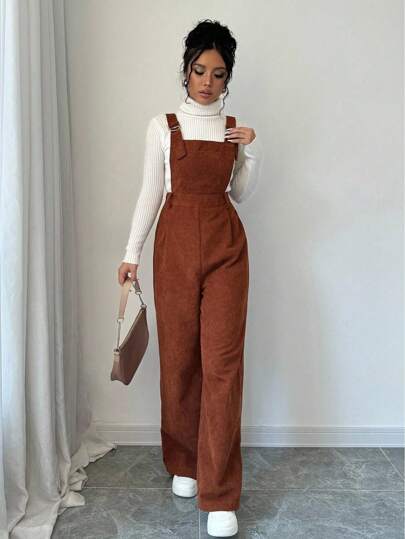 Selianne ملابس داخلية متسعة بأشرطة عريضة ذات لون أحادي، جمبسوت رسمية كاجوال من الكوردروي