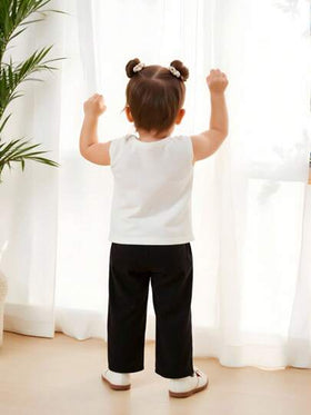 Elladie kids بنطلون بنات ذا هيكل مرتبط مزدوج الصدر واسع الساق محبوك من القماش العادي