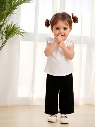 Elladie kids بنطلون بنات ذا هيكل مرتبط مزدوج الصدر واسع الساق محبوك من القماش العادي