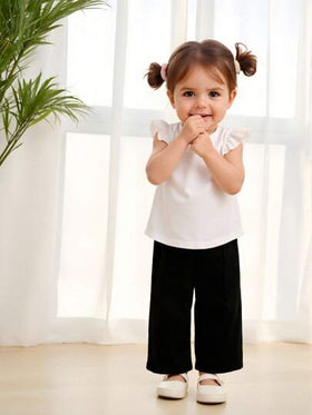 Elladie kids بنطلون بنات ذا هيكل مرتبط مزدوج الصدر واسع الساق محبوك من القماش العادي