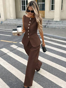 Serisse مجموعة قطعتين للنساء جاكيت بدون أكمام له أزرار أمامية وبنطلون طويل مجموعة ملابس كاجوال