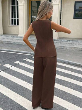 Serisse مجموعة قطعتين للنساء جاكيت بدون أكمام له أزرار أمامية وبنطلون طويل مجموعة ملابس كاجوال