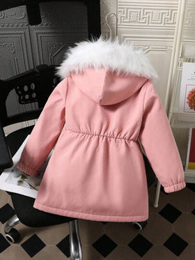 SHEIN Explorewe معطف مركب وردي للفتاة الصغيرة، مع قبعة قابلة للإزالة وياقة من الفرو، للارتداء اليومي العادي