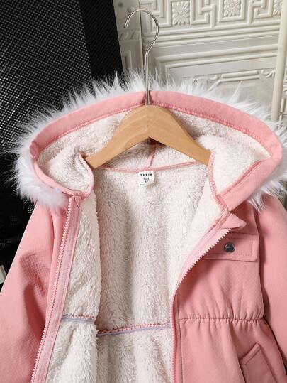 SHEIN Explorewe معطف مركب وردي للفتاة الصغيرة، مع قبعة قابلة للإزالة وياقة من الفرو، للارتداء اليومي العادي