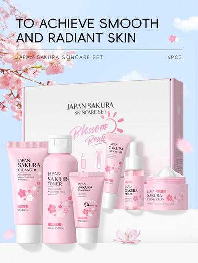 1 مجموعة LAIKOU JAPAN SAKURA تحتوي على 6 قطع للعناية بالبشرة، مضادة للشيخوخة (كريم واق من الأشعة فوق البنفسجية 30جم بواقي 50 وغسول 50جم ومحلول تنظيف 100مل وسيروم 17مل وكريم للعين 15جم وكريم للوجه 25جم) هدايا مجموعات العناية الفائقة بالبشرة هدايا للفتيات ل