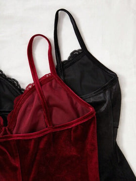 SHEIN مجموعة قميص نوم أنيق من الدانتيل المخملي للنساء، قميص نوم مخملي، ملابس خريفية وشتوية، مريحة