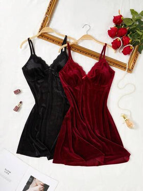 SHEIN مجموعة قميص نوم أنيق من الدانتيل المخملي للنساء، قميص نوم مخملي، ملابس خريفية وشتوية، مريحة