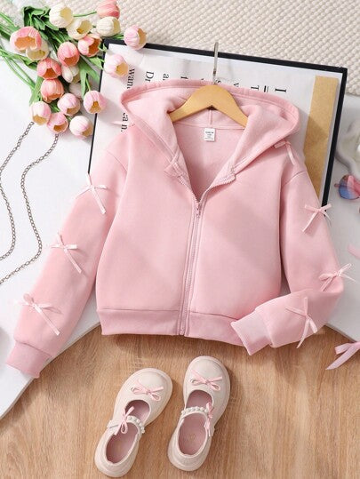 SHEIN معطف بنات المراهقات، جاكيت بقصة أنيقة مزينة بفيونكة، قماش هودي مبطن دافئ مريح، زخرفة أكمام بفيونكة، طراز فتاة شابة نشيطة، مناسب للعودة إلى المدرسة أو الارتداء اليومي، خريف/شتاء