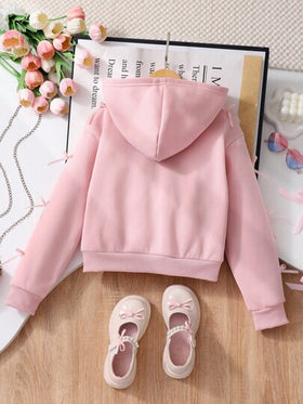 SHEIN معطف بنات المراهقات، جاكيت بقصة أنيقة مزينة بفيونكة، قماش هودي مبطن دافئ مريح، زخرفة أكمام بفيونكة، طراز فتاة شابة نشيطة، مناسب للعودة إلى المدرسة أو الارتداء اليومي، خريف/شتاء