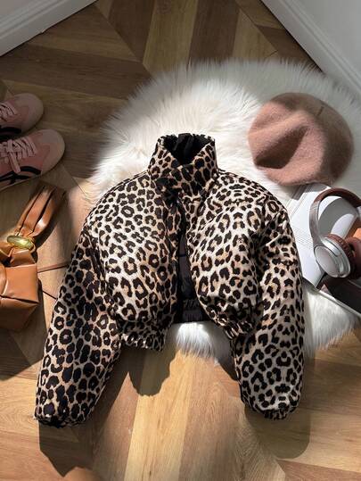 SHEIN معطف طويل الأكمام مبطن مع سحاب قابل للعكس بطبعة نمر أسود للفتيات المراهقات في فصل الخريف والشتاء
