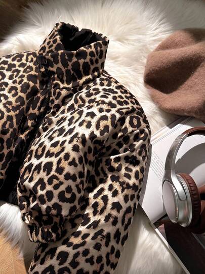 SHEIN معطف طويل الأكمام مبطن مع سحاب قابل للعكس بطبعة نمر أسود للفتيات المراهقات في فصل الخريف والشتاء