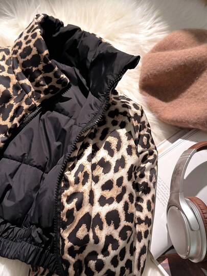 SHEIN معطف طويل الأكمام مبطن مع سحاب قابل للعكس بطبعة نمر أسود للفتيات المراهقات في فصل الخريف والشتاء