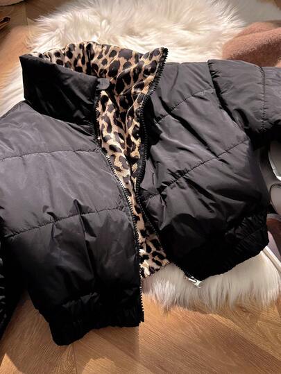 SHEIN معطف طويل الأكمام مبطن مع سحاب قابل للعكس بطبعة نمر أسود للفتيات المراهقات في فصل الخريف والشتاء