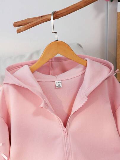 SHEIN معطف بنات المراهقات، جاكيت بقصة أنيقة مزينة بفيونكة، قماش هودي مبطن دافئ مريح، زخرفة أكمام بفيونكة، طراز فتاة شابة نشيطة، مناسب للعودة إلى المدرسة أو الارتداء اليومي، خريف/شتاء