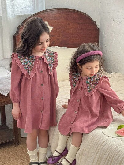 LMoss Kids فستان كاجوال للفتيات بطبعات زهور صغيرة وألوان سادة مع طوق بيتر بان، فستان فرنسي أنيق للربيع والخريف، فستان خريفي للأطفال، أنماط دافئة للخريف والشتاء، عيد الميلاد، ملابس الخريف، أكمام طويلة، فستان خريفي، فستان فتاة صغيرة بطبعات زهور وطوق دانتيل،