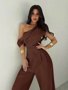 Firerie جمبسوت نسائية أنيقة بلون المشمش، جمبسوت مشدودة بياقة غير متماثلة، جمبسوت فضفاضة الساق، جمبسوت بدون أكمام مريحة، مناسبة للربيع/الصيف/الخريف/الشتاء، ملابس الشاطئ، ملابس المطار، ملابس العطلات، ملابس المعلمين