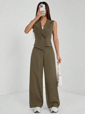 SHEIN PETITE مجموعتان من ملابس الخريف، طقم من قطعتين للنساء، ملابس علوية بدون أكمام وبنطلون لون سادة، ملابس الخريف