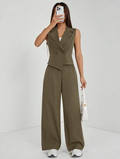 SHEIN PETITE مجموعتان من ملابس الخريف، طقم من قطعتين للنساء، ملابس علوية بدون أكمام وبنطلون لون سادة، ملابس الخريف