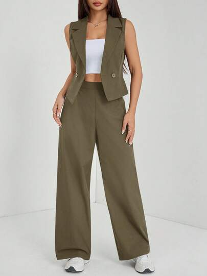 SHEIN PETITE مجموعتان من ملابس الخريف، طقم من قطعتين للنساء، ملابس علوية بدون أكمام وبنطلون لون سادة، ملابس الخريف