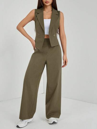 SHEIN PETITE مجموعتان من ملابس الخريف، طقم من قطعتين للنساء، ملابس علوية بدون أكمام وبنطلون لون سادة، ملابس الخريف