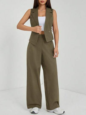 SHEIN PETITE مجموعتان من ملابس الخريف، طقم من قطعتين للنساء، ملابس علوية بدون أكمام وبنطلون لون سادة، ملابس الخريف