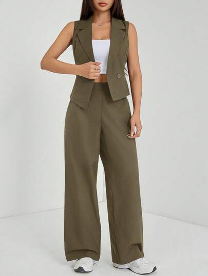SHEIN PETITE مجموعتان من ملابس الخريف، طقم من قطعتين للنساء، ملابس علوية بدون أكمام وبنطلون لون سادة، ملابس الخريف