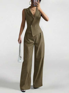 SHEIN PETITE مجموعتان من ملابس الخريف، طقم من قطعتين للنساء، ملابس علوية بدون أكمام وبنطلون لون سادة، ملابس الخريف