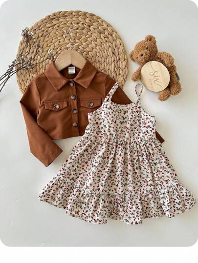 SHEIN طقم فستان أوفر أول مزخرف بالزهور الصغيرة وجاكيت بني للبنات الصغار، ملابس خريفية وشتوية كاجوال وعملية