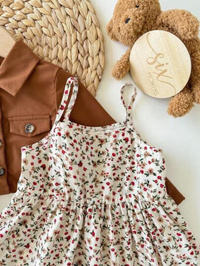 SHEIN طقم فستان أوفر أول مزخرف بالزهور الصغيرة وجاكيت بني للبنات الصغار، ملابس خريفية وشتوية كاجوال وعملية
