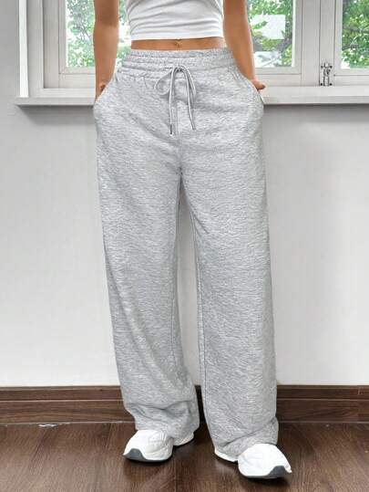 SHEIN EZwear بنطلون رياضي نسائي فضفاض بساق مستقيمة، رمادي
