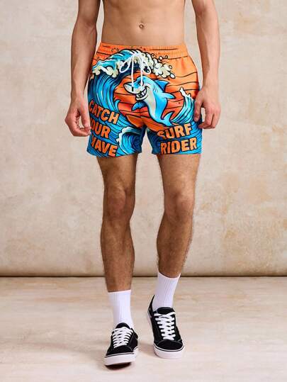 Surfspeed سراويل السباحة للرجال ذات طبعة سمكة القرش للشاطئ والعطلات الصيفية، شورتات شاطئ صيفية