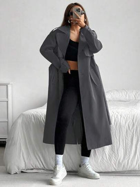 SHEIN EZwear معطف ترنش متوسط الطول باللون الرمادي الداكن مع طوق وجيوب للأسلوب الكاجوال، معطف ترنش للنساء طويل للاستخدام في فصلي الخريف والشتاء