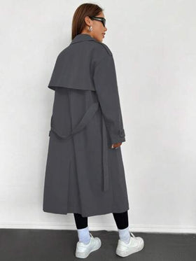 SHEIN EZwear معطف ترنش متوسط الطول باللون الرمادي الداكن مع طوق وجيوب للأسلوب الكاجوال، معطف ترنش للنساء طويل للاستخدام في فصلي الخريف والشتاء