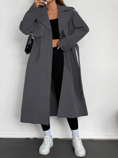 SHEIN EZwear معطف ترنش متوسط الطول باللون الرمادي الداكن مع طوق وجيوب للأسلوب الكاجوال، معطف ترنش للنساء طويل للاستخدام في فصلي الخريف والشتاء