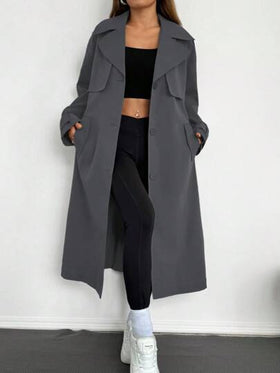 SHEIN EZwear معطف ترنش متوسط الطول باللون الرمادي الداكن مع طوق وجيوب للأسلوب الكاجوال، معطف ترنش للنساء طويل للاستخدام في فصلي الخريف والشتاء