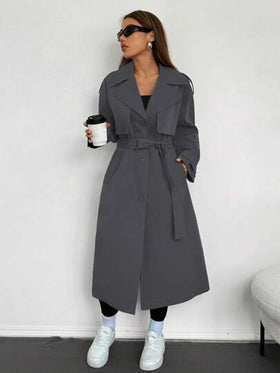 SHEIN EZwear معطف ترنش متوسط الطول باللون الرمادي الداكن مع طوق وجيوب للأسلوب الكاجوال، معطف ترنش للنساء طويل للاستخدام في فصلي الخريف والشتاء