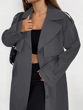 SHEIN EZwear معطف ترنش متوسط الطول باللون الرمادي الداكن مع طوق وجيوب للأسلوب الكاجوال، معطف ترنش للنساء طويل للاستخدام في فصلي الخريف والشتاء