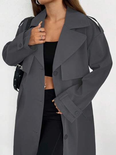 SHEIN EZwear معطف ترنش متوسط الطول باللون الرمادي الداكن مع طوق وجيوب للأسلوب الكاجوال، معطف ترنش للنساء طويل للاستخدام في فصلي الخريف والشتاء