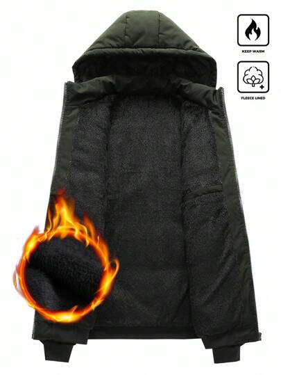 Manfinity Homme معطف كاجوال طويل الأكمام بسحاب وقلنسوة مبطن بالحرارة للشتاء، دافئ، معطف شتوي منفوخ، خريف