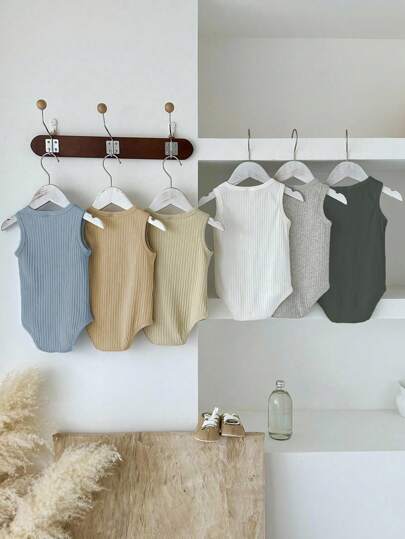 SHEIN Vintaside Kids بوديسوت أطفال صيفية بدون أكمام مجموعة من 6 قطع، متعددة الألوان تشمل الأسود والأبيض والرمادي والبرتقالي الداكن والأزرق الفاتح والبيج الفاتح وألوان كلاسيكية أخرى
