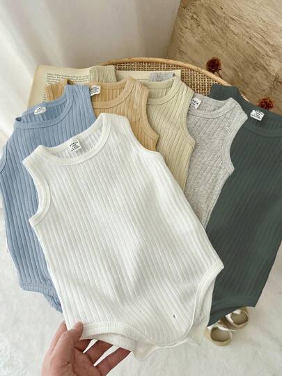 SHEIN Vintaside Kids بوديسوت أطفال صيفية بدون أكمام مجموعة من 6 قطع، متعددة الألوان تشمل الأسود والأبيض والرمادي والبرتقالي الداكن والأزرق الفاتح والبيج الفاتح وألوان كلاسيكية أخرى