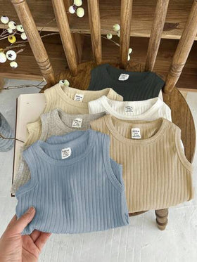 SHEIN Vintaside Kids بوديسوت أطفال صيفية بدون أكمام مجموعة من 6 قطع، متعددة الألوان تشمل الأسود والأبيض والرمادي والبرتقالي الداكن والأزرق الفاتح والبيج الفاتح وألوان كلاسيكية أخرى