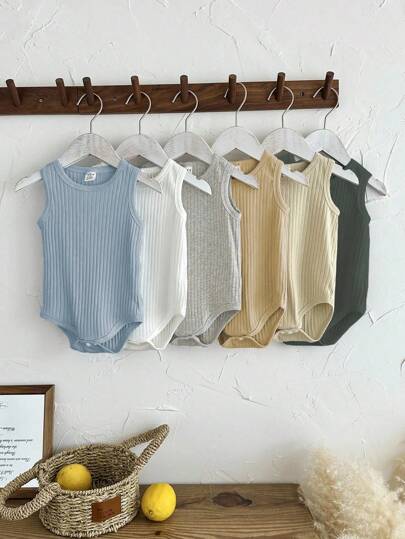 SHEIN Vintaside Kids بوديسوت أطفال صيفية بدون أكمام مجموعة من 6 قطع، متعددة الألوان تشمل الأسود والأبيض والرمادي والبرتقالي الداكن والأزرق الفاتح والبيج الفاتح وألوان كلاسيكية أخرى