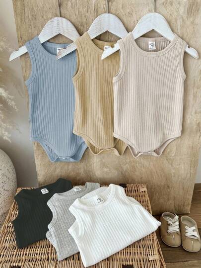 SHEIN Vintaside Kids بوديسوت أطفال صيفية بدون أكمام مجموعة من 6 قطع، متعددة الألوان تشمل الأسود والأبيض والرمادي والبرتقالي الداكن والأزرق الفاتح والبيج الفاتح وألوان كلاسيكية أخرى