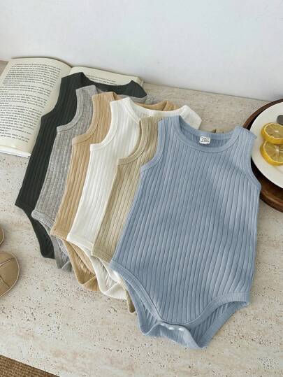SHEIN Vintaside Kids بوديسوت أطفال صيفية بدون أكمام مجموعة من 6 قطع، متعددة الألوان تشمل الأسود والأبيض والرمادي والبرتقالي الداكن والأزرق الفاتح والبيج الفاتح وألوان كلاسيكية أخرى
