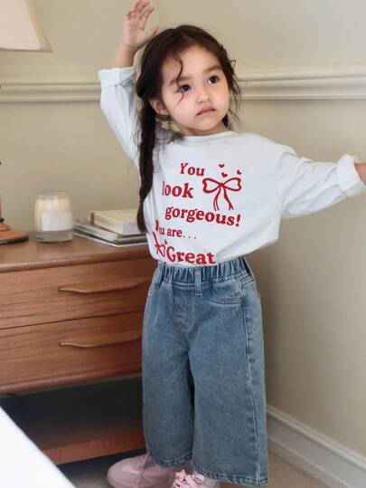 Dazy Kids بنطلون جينز كاجوال طويل للبنات الصغيرات بتطريز فراشة على الطراز الكوري، ملابس خريفية للأطفال الرضع رمضان